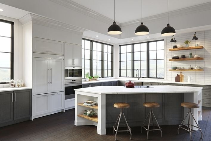 Interior Kitchen shot featuring an angled, closed Elevate Casement window in Ebony with Simulated Divided Lites